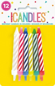Multi Colour Spiral Cake Candles with Holders (Pk 12) - Picture 1 of 1