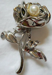 LUPITA HAPACHICO Vintage Años 70 Broche Prendedor Dije Rosa Flor Plata Perla - Imagen 1 de 5