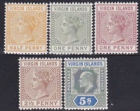 5 pieces Virgin Islands 1880-1902 High Values Gummed MNH Reproduction Stamp sv Cover