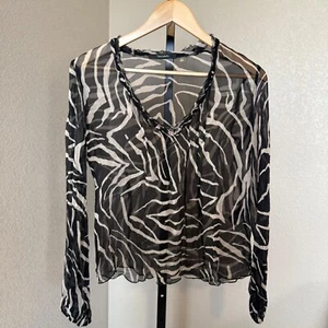 Tahari Zebra Print Blouse Sheer Long Sleeve Top 100% Silk Size S - Picture 1 of 8