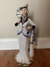 Vintage KPM Blue and White w/ Gold Trim Woman w/ Umbrella Porcelain Figurine