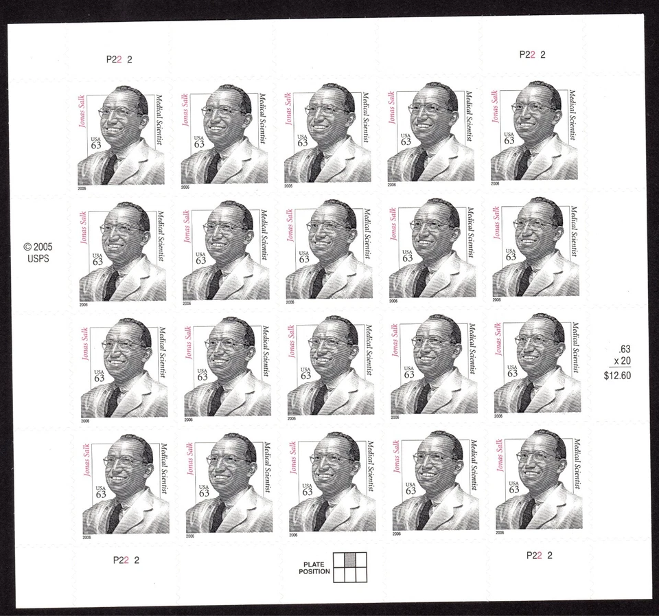Scott #3428 Jonas Salk Polio Full Sheet of 20 Stamps - MNH P#2222 - Image 1 of 1