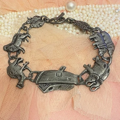 Noah's Ark Animal Charm Bracelet Pewter Tone Vintage Style Statement Jewelry - Image 1 of 4