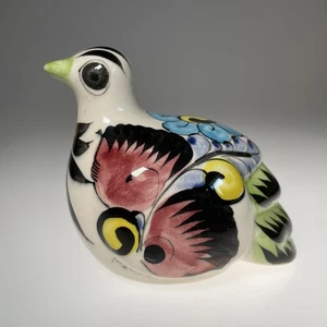 Handmade Folk Art Mexico Hand Painted Pottery Bird Bright Green Beak 4x5" - Picture 1 of 10