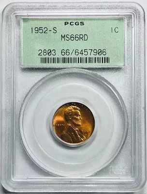 1952 S Small Cents Lincoln Wheat Penny PCGS MS-66 RD Red Old Green Holder! - Image 1 of 2