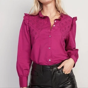 Old Nav Collarless Ruffle-Trimmed Embroidered Button-Down Shirt Blouse NEW XL - Picture 1 of 7