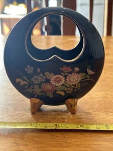 Vaso fiaschetta luna vintage giapponese manico blu cobalto floreale dorato posacenere OC - Foto 1 di 10