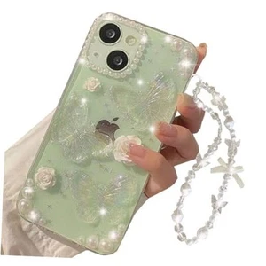 for iPhone 15 Glitter Case,Cute 3D Butterfly Floral Crystal Pearl Bling Clear - Zdjęcie 1 z 8