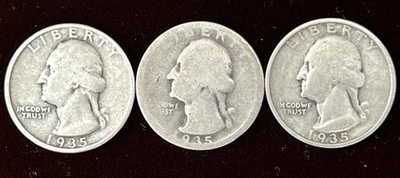 1935-P-D-S WASHINGTON QUARTERS ~ Lot Of 3 ~ 90% SILVER ~🗝️KEY DATES🗝️ ~ ESTATE - Image 1 of 4