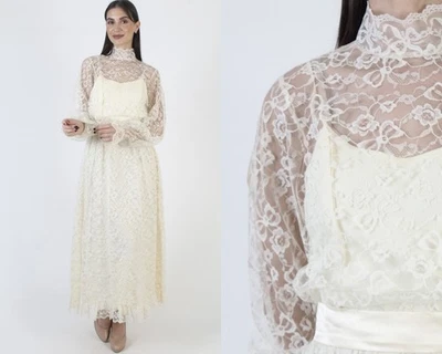 Vtg 70s Cream Victorian Wedding Dress Sheer Lace Bridal Prom Boho Plain Gown - Image 1 of 4