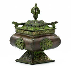 Antique Tibetan Incense Holders Brass Verdigris Tibetan Burner Four Symbols Squa - Picture 1 of 2