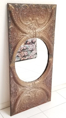 LARGE ANTIQUE TIN CEILING DECORATION PANEL SALVAGED TO MIRROR ~ 23.5"x48" Cover