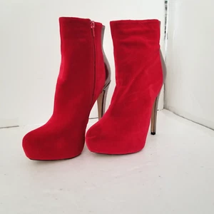 Bucco Brand Tuccia Red Velveteen Bronze Metallic 5 ½”High Heel Ankle Bootie - Picture 1 of 9