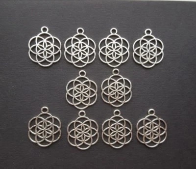 Tibetan Seed of Life Charm Antique Silver Finish 10pcs 25x20mm
