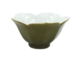 Porcelain Lotus Flower Rice Bowl Ribbed Olive Green Made In Japan Vintage 4.5" - Picture 1 of 8