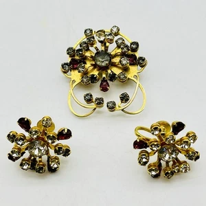 Vintage Bugbee & Niles Rhinestone Spray Jewelry Set Brooch Clip On Earrings - Picture 1 of 8