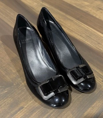 Stuart Weitzman Heels 7M Black Patent Leather Wedge Silver Bow Office Career - Image 1 of 4