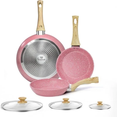 3Pcs Pink Non Stick Frying Pan Set with Lids 20cm 24cm 28cm Induction Ready - Image 1 of 4