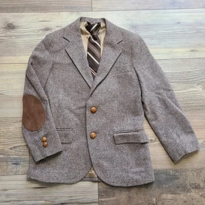 VTG Botany Brown Tweed 2 Button Blazer Elbow Patches Clip On Tie Sport Coat - Picture 1 of 12