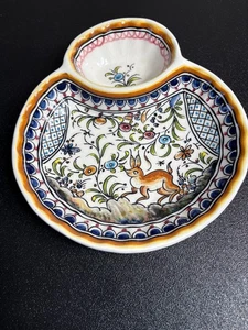 Portugal Pottery Olive Dish Ceramics Hand Painted Vintage Rabbit Floral - Picture 1 of 3