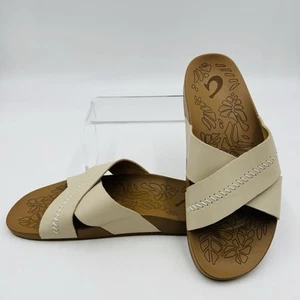Sandals OluKai Sz 7 Wide Kīpe‘a ‘Olu Leather Cross-Strap Puka Tan Beige NWOT - Picture 1 of 10