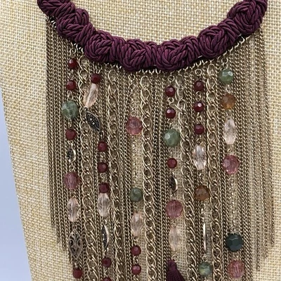 Chico’s Burgundy Tassel Necklace Gold Chain Multicolor Beads Statement Fringe  - Image 1 of 4