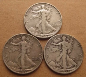 1939 - 1942 - 1944 D Mint Walking Liberty Half Dollars in F-VF Condition - Picture 1 of 2