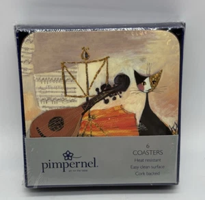 Pimpernel Musical Cat Coasters Mandolin Set Of 6 Cork Backed Square NEW - Picture 1 of 5