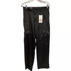 Zara Womens Cargo Pants Size M Black Satin Straight Leg High Rise 2546/748 NWT - Picture 1 of 16