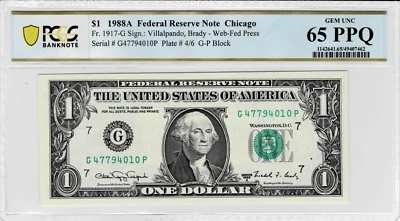 1988a $1 Federal Reserve 'WEB' Note- GP block--run 8 (combo 4/6) -PCGS 65 PPQ - Image 1 of 4