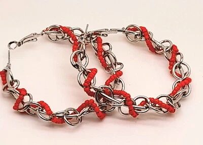 Bohemian red & metal Seed Bead  twist 2" Big round Hoop Large fashion Earrings 4 - Image 1 of 4