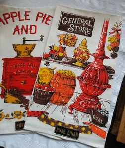 2 VINTAGE Retro Linen Dish Towel MCM Country Store Graphics  ~ Orange Brown - Picture 1 of 3