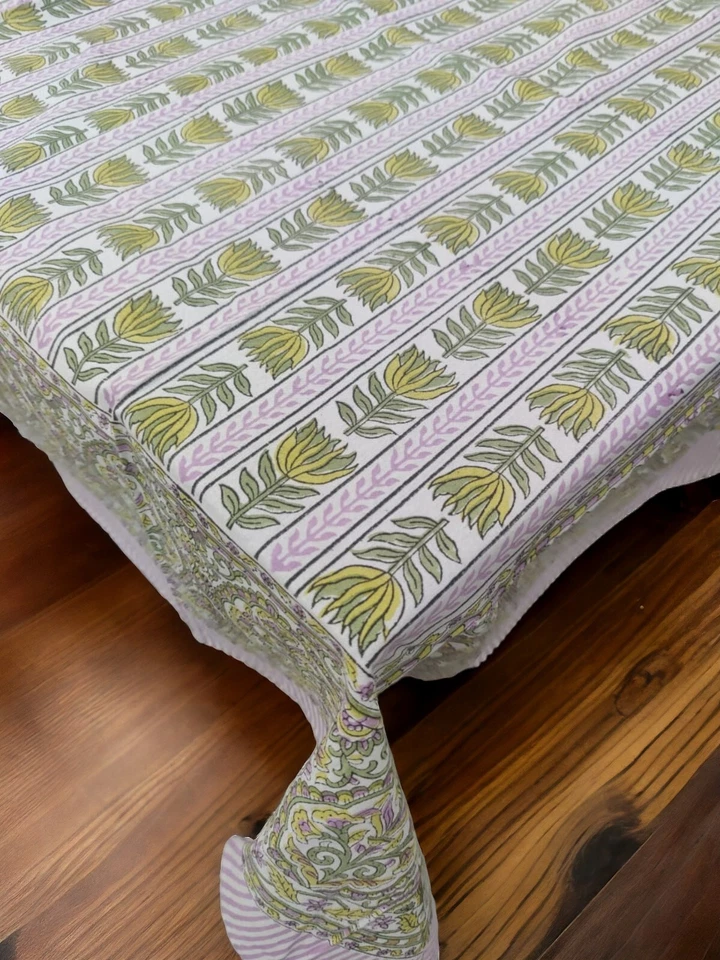 Indian Hand Block Print Tablecloth 100%Cotton 150*220cm Multi Floral 6 Napkins - Image 1 of 4