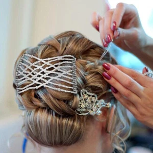 Crystal Beads Elastic Double Slide Combs Clips Bun Maker Women Hair Accessories - Picture 1 of 15