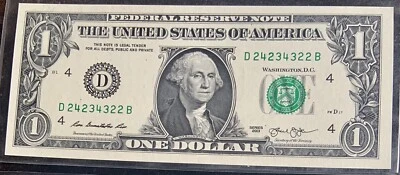 Fancy Serial Number D 24234322 B FRN  2013 Cleveland Oh Uncirculated - Image 1 of 2