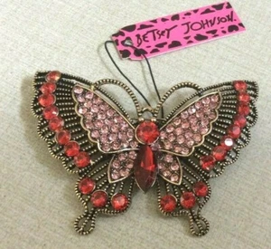 Betsey Johnson Red & Pink Crystal Butterfly Pendant Brooch Pin 2 in 1 Style New! - Picture 1 of 2