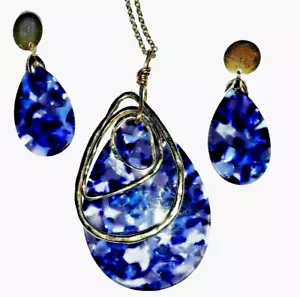 Fashion Jewelry Mosaic Blue Necklace Earrings Set Large Pendant JV Design17"L - Picture 1 of 6