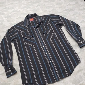 Ely Plains Shirt Mens Medium Black Pockets Pearl Snap Long Sleeve Stripped Rodeo - Picture 1 of 9