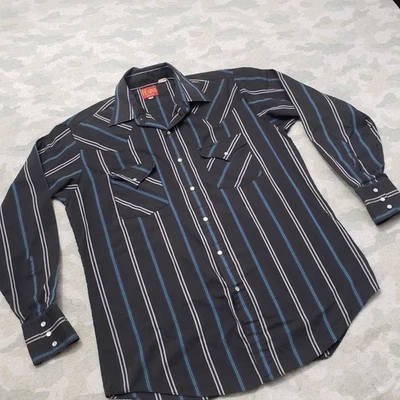 Ely Plains Shirt Mens Medium Black Pockets Pearl Snap Long Sleeve Stripped Rodeo - Image 1 of 4