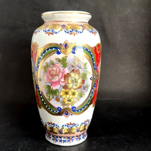 Vase Moriage Beaded Floral Urn Rose Floral Fluer De Lis 24K Gold Trim Vintage - Picture 1 of 15