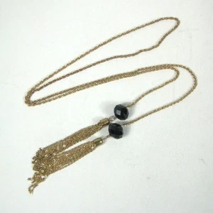 Long Gold Tone Chain Necklace Black Beads Tassels Vintage Sautoir - Picture 1 of 9