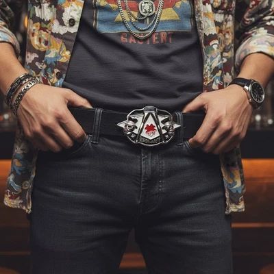 Uomo Donna Cintura Fibbia Metallo Argento Teschio Scheletro Apmany Colver Foglie - Immagine 1 di 4