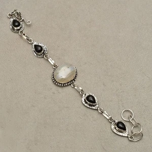 Bracciale in argento sterling 925 con pietre preziose agata a fascia... - Foto 1 di 6