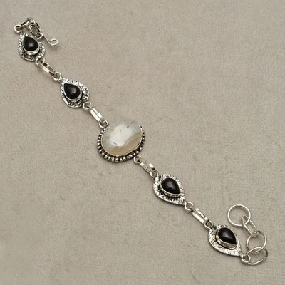 Bracciale in argento sterling 925 con pietre preziose agata a fascia... - Immagine 1 di 4