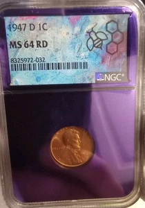 1947 D Lincoln Wheat Cent 1c Penny TRADER BEA PURPLE CORE LABEL NGC NS64RD - Picture 1 of 5