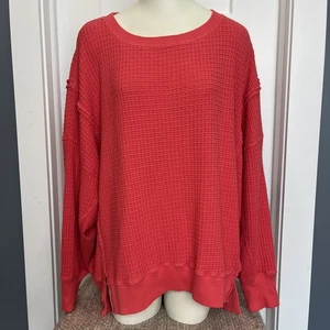 American Eagle Women’s Oversized Big Hug Waffle Crew Neck Sweatshirt Red Size L - Picture 1 of 11