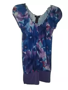 Ultra Flirt Sz XS Watercolor Blue/Purple Print Bubble Blouse~Short Sleeve Top - Picture 1 of 3