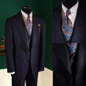 Men Black Striped Suit Jacket with Wide Peak Lapel Elegant Classic Structured - Picture 1 of 10