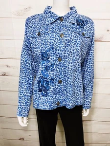Drapers & Damons Womens Jacket Size XL Blue Animal Print Floral Button Front - Picture 1 of 11