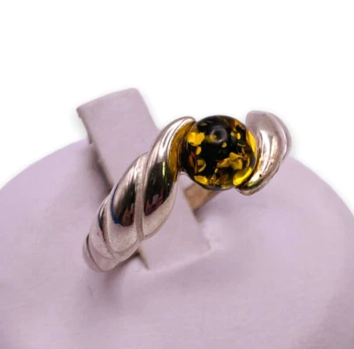 Anillo bola redonda de plata de ley 925 ámbar báltico verde 8,75 Foto 1 de 4